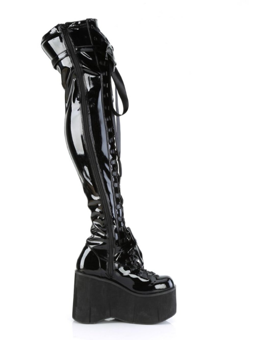 Blk Stretch Patent Thigh-High Boots with Adjustable Straps & Removable Bows